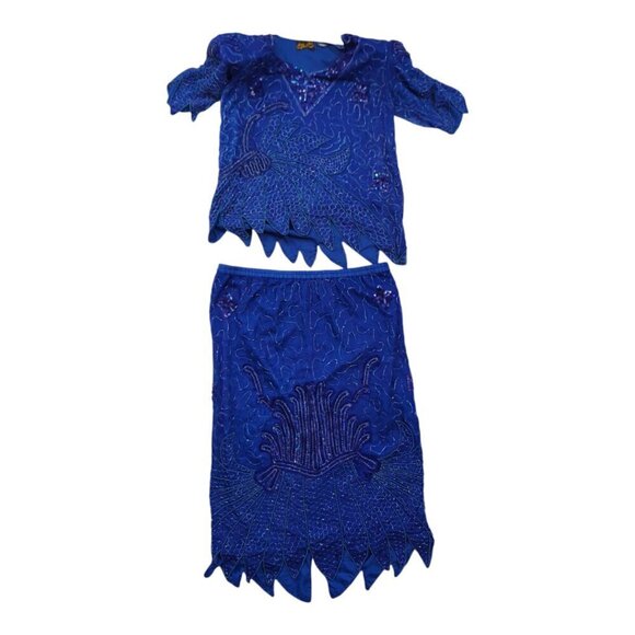 Beautiful Breaded Augustus impression Two Pieces 100% Pure Silk Blue Sz Large L - Picture 1 of 15